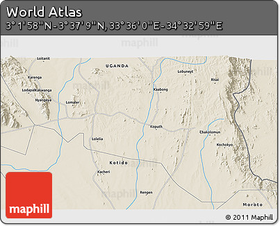 Shaded Relief 3D Map of the Area around 3° 19' 33" N, 34° 4' 30" E