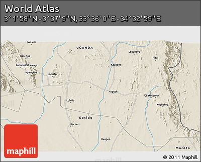 Shaded Relief 3D Map of the Area around 3° 19' 33" N, 34° 4' 30" E