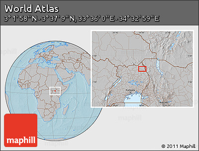 Gray Location Map of the Area around 3° 19' 33" N, 34° 4' 30" E, hill shading