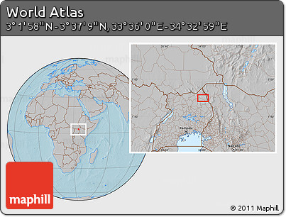 Gray Location Map of the Area around 3° 19' 33" N, 34° 4' 30" E, hill shading