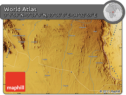 Physical Map of the Area around 3° 19' 33" N, 34° 4' 30" E