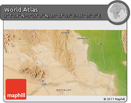 Satellite 3D Map of the Area around 3° 19' 33" N, 35° 46' 29" E