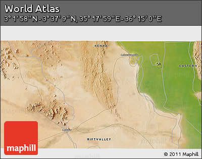Satellite 3D Map of the Area around 3° 19' 33" N, 35° 46' 29" E