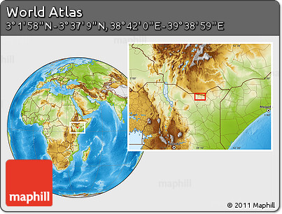 Physical Location Map of the Area around 3° 19' 33" N, 39° 10' 29" E