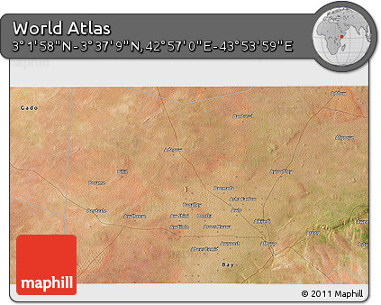 Satellite 3D Map of the Area around 3° 19' 33" N, 43° 25' 29" E
