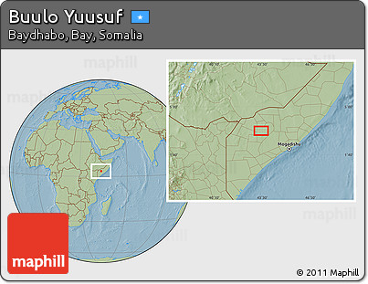 Savanna Style Location Map of Buulo Yuusuf, hill shading