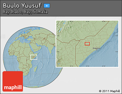 Savanna Style Location Map of Buulo Yuusuf, hill shading