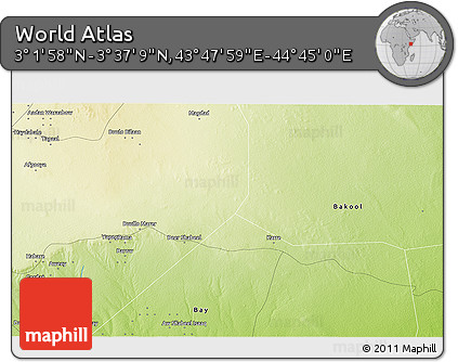 Physical 3D Map of the Area around 3° 19' 33" N, 44° 16' 29" E