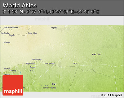 Physical 3D Map of the Area around 3° 19' 33" N, 44° 16' 29" E