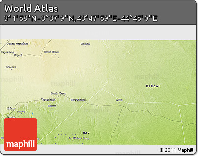 Physical 3D Map of the Area around 3° 19' 33" N, 44° 16' 29" E
