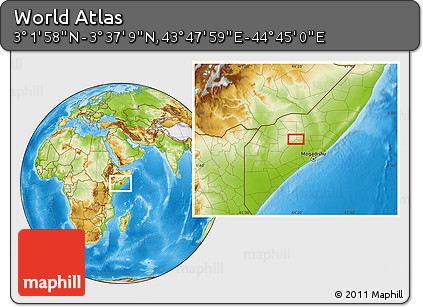 Physical Location Map of the Area around 3° 19' 33" N, 44° 16' 29" E
