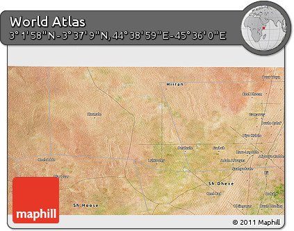 Satellite 3D Map of the Area around 3° 19' 33" N, 45° 7' 30" E