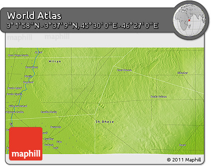 Physical 3D Map of the Area around 3° 19' 33" N, 45° 58' 30" E