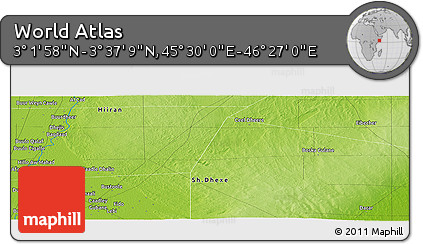 Physical Panoramic Map of the Area around 3° 19' 33" N, 45° 58' 30" E