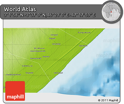 Physical 3D Map of the Area around 3° 19' 33" N, 46° 49' 30" E
