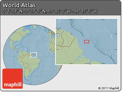 Savanna Style Location Map of the Area around 3° 19' 33" N, 49° 13' 30" W, hill shading