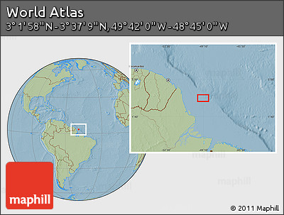 Savanna Style Location Map of the Area around 3° 19' 33" N, 49° 13' 30" W, hill shading