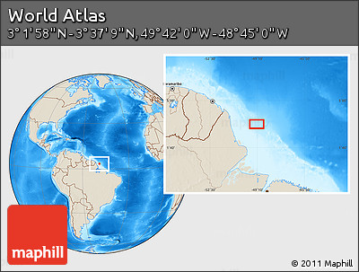 Shaded Relief Location Map of the Area around 3° 19' 33" N, 49° 13' 30" W