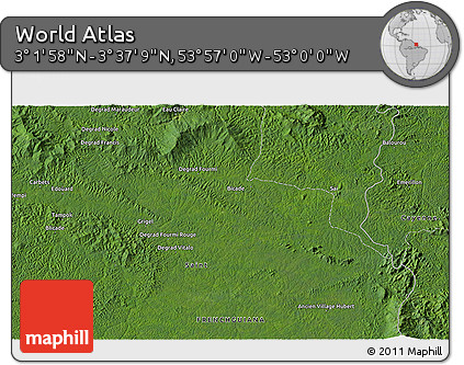 Satellite 3D Map of the Area around 3° 19' 33" N, 53° 28' 30" W