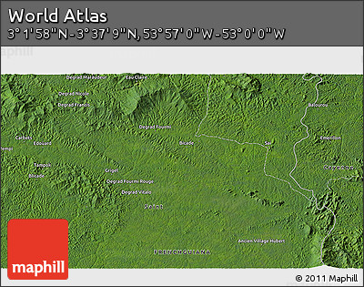 Satellite 3D Map of the Area around 3° 19' 33" N, 53° 28' 30" W