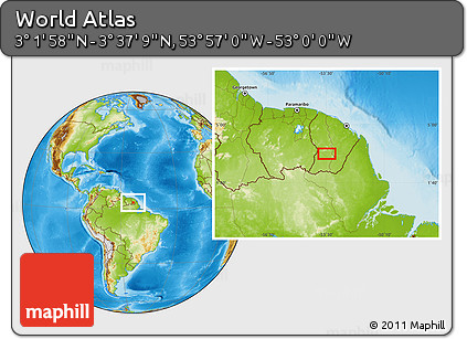 Physical Location Map of the Area around 3° 19' 33" N, 53° 28' 30" W
