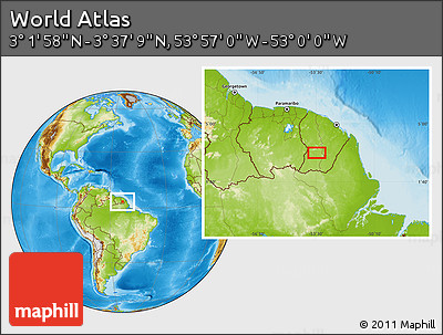 Physical Location Map of the Area around 3° 19' 33" N, 53° 28' 30" W