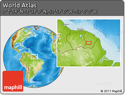 Physical Location Map of the Area around 3° 19' 33" N, 53° 28' 30" W
