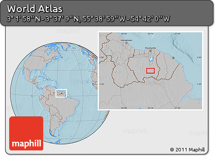 Gray Location Map of the Area around 3° 19' 33" N, 55° 10' 29" W, hill shading