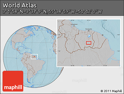 Gray Location Map of the Area around 3° 19' 33" N, 55° 10' 29" W, hill shading