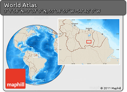 Shaded Relief Location Map of the Area around 3° 19' 33" N, 55° 10' 29" W