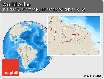 Shaded Relief Location Map of the Area around 3° 19' 33" N, 55° 10' 29" W