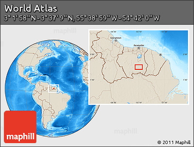 Shaded Relief Location Map of the Area around 3° 19' 33" N, 55° 10' 29" W