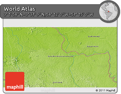 Physical 3D Map of the Area around 3° 19' 33" N, 57° 43' 30" W