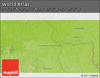 Physical 3D Map of the Area around 3° 19' 33" N, 57° 43' 30" W