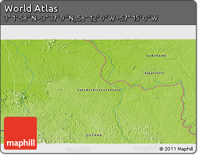Physical 3D Map of the Area around 3° 19' 33" N, 57° 43' 30" W