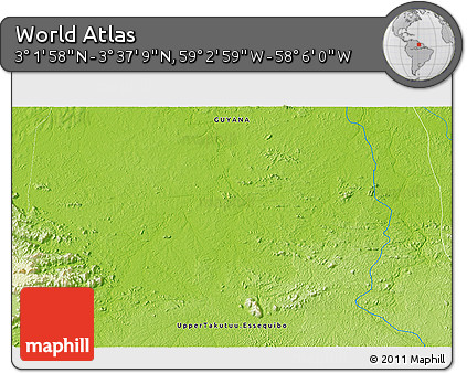 Physical 3D Map of the Area around 3° 19' 33" N, 58° 34' 30" W