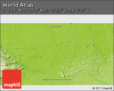Physical 3D Map of the Area around 3° 19' 33" N, 58° 34' 30" W