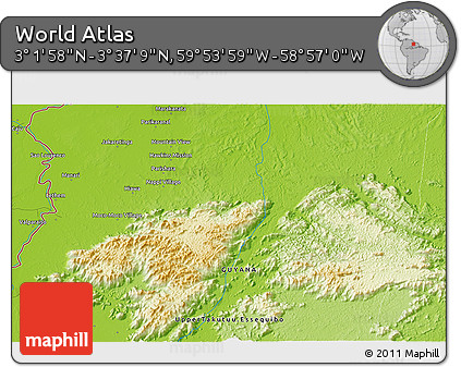 Physical 3D Map of the Area around 3° 19' 33" N, 59° 25' 29" W