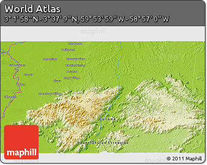 Physical 3D Map of the Area around 3° 19' 33" N, 59° 25' 29" W