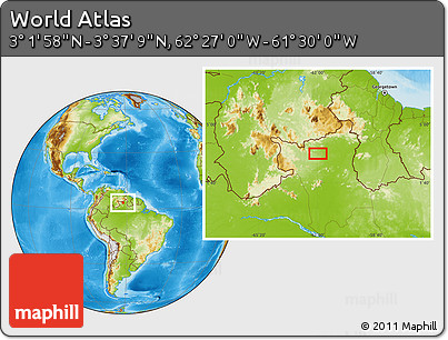 Physical Location Map of the Area around 3° 19' 33" N, 61° 58' 30" W
