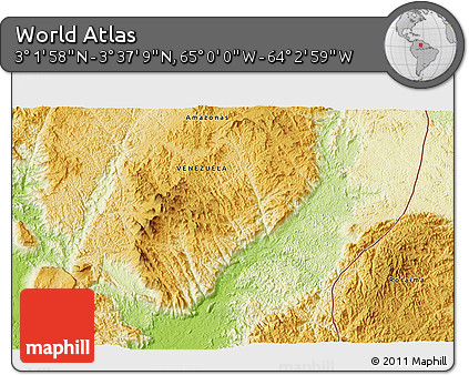 Physical 3D Map of the Area around 3° 19' 33" N, 64° 31' 30" W