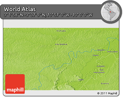Physical 3D Map of the Area around 3° 19' 33" N, 70° 28' 29" W