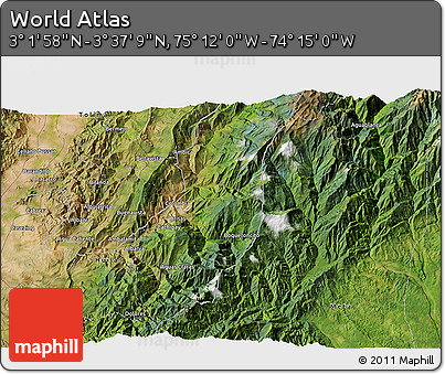 Satellite 3D Map of the Area around 3° 19' 33" N, 74° 43' 29" W