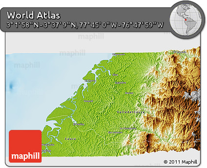 Physical 3D Map of the Area around 3° 19' 33" N, 77° 16' 30" W