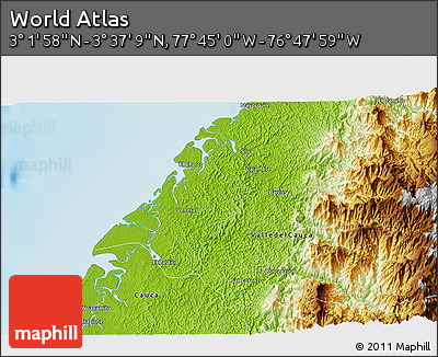 Physical 3D Map of the Area around 3° 19' 33" N, 77° 16' 30" W