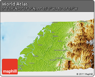 Physical 3D Map of the Area around 3° 19' 33" N, 77° 16' 30" W
