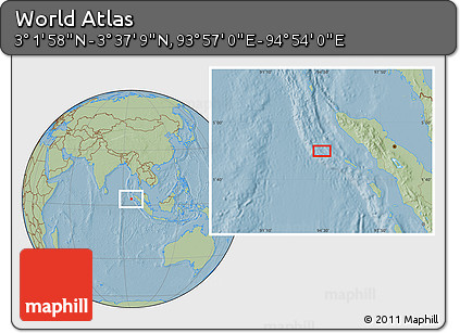 Savanna Style Location Map of the Area around 3° 19' 33" N, 94° 25' 30" E, hill shading