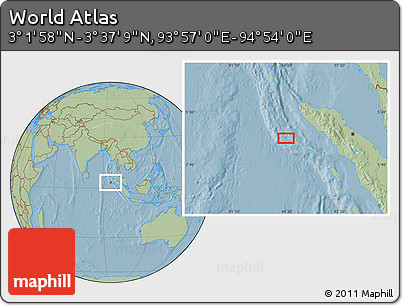 Savanna Style Location Map of the Area around 3° 19' 33" N, 94° 25' 30" E, hill shading