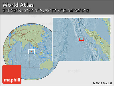 Savanna Style Location Map of the Area around 3° 19' 33" N, 94° 25' 30" E, hill shading