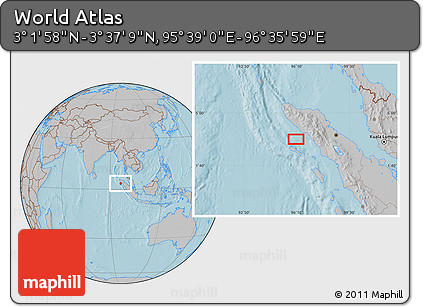 Gray Location Map of the Area around 3° 19' 33" N, 96° 7' 30" E, hill shading